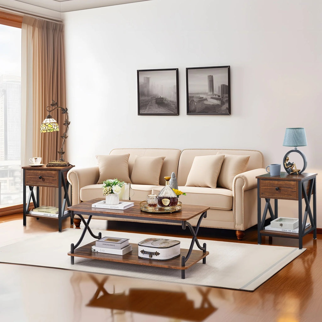 Brown 3-piece Coffee Table Set with Shelf and 2 Nightstands R6595
