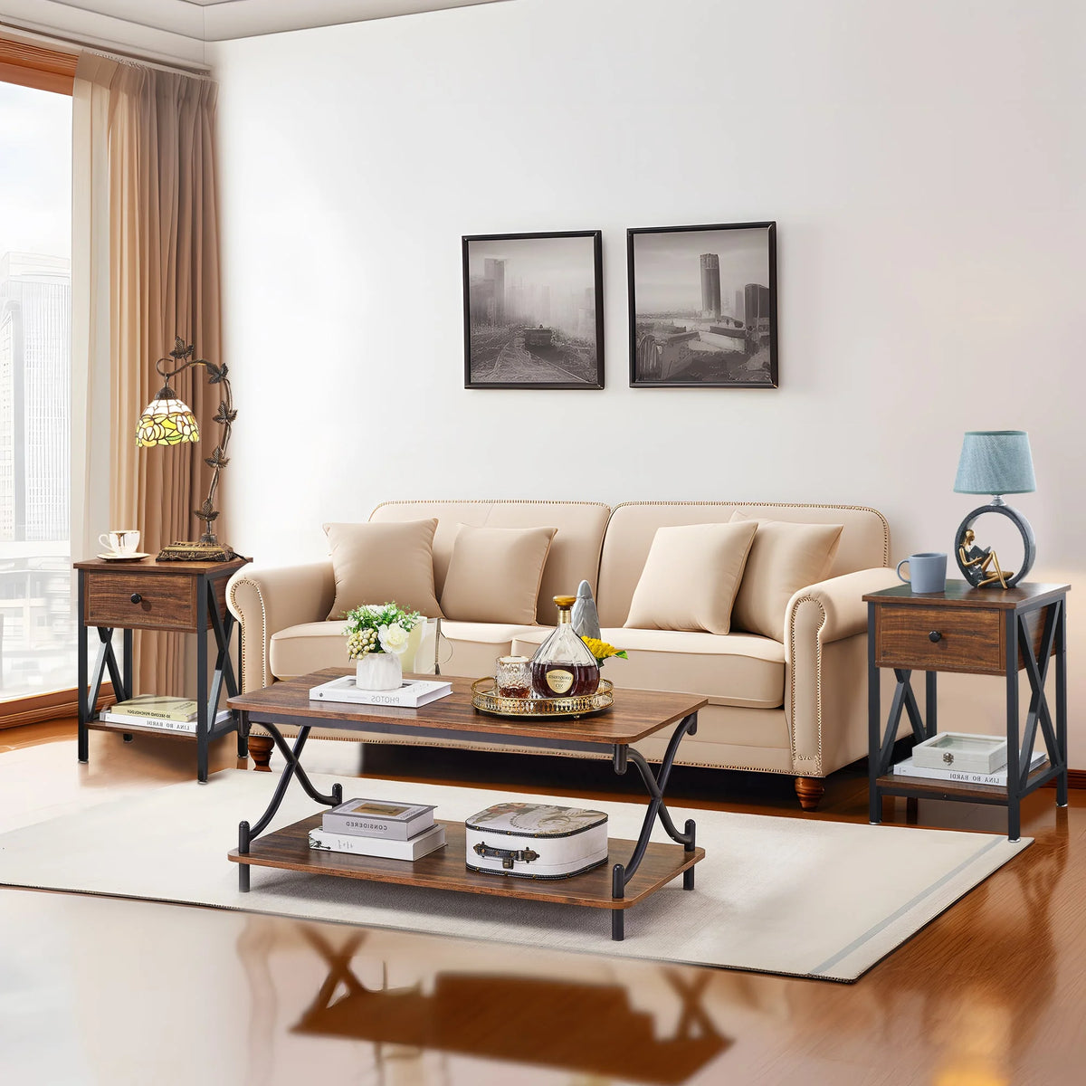Brown 3-piece Coffee Table Set with Shelf and 2 Nightstands R6595
