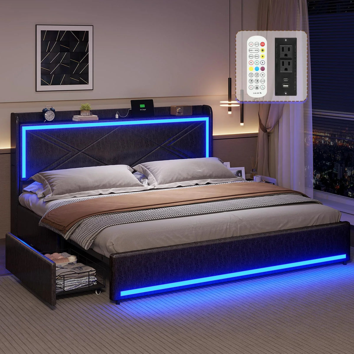 King Size Faux Leather Upholstered Platform Bed Frame with Storage Drawers, LED Lights Headboard, USB-C Charging Station, Black O263
