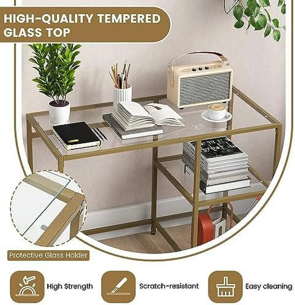 Tempered Glass Computer Desk with 2-Tier Shelves Gold S2698