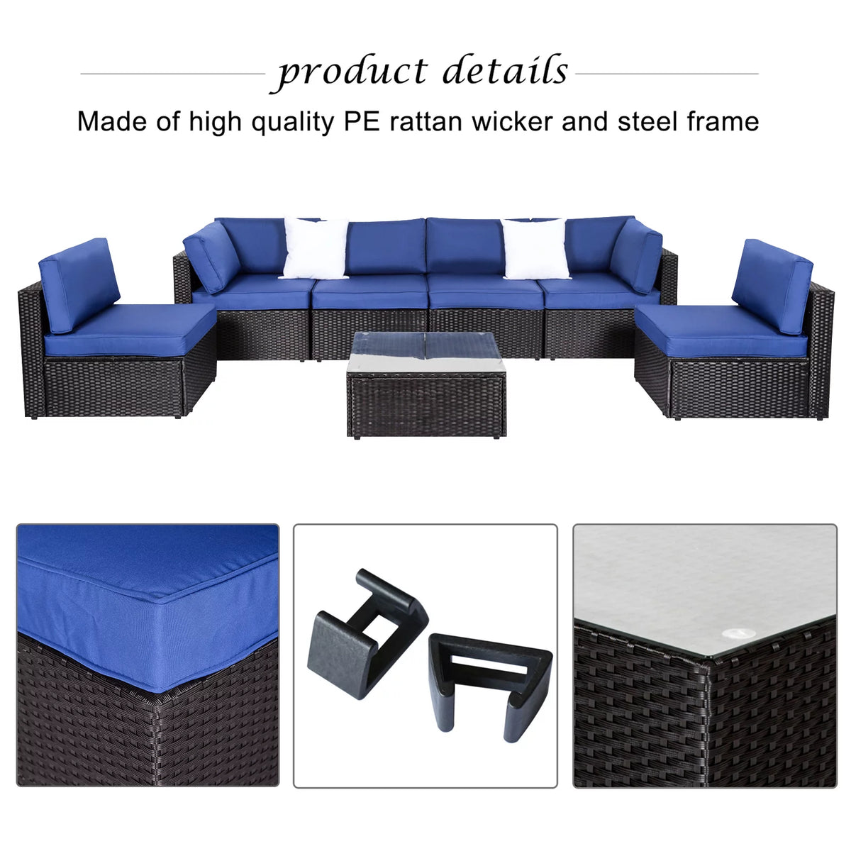 7 Pc Outdoor Rattan Wicker Sectional Sofa Set with Dark Blue Cushions O815636