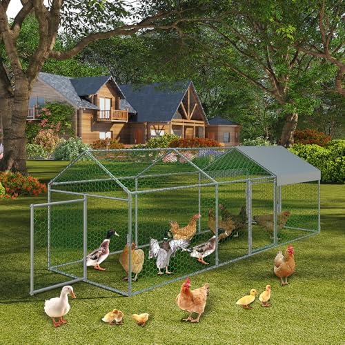Large Metal Chicken Coop with Waterproof Anti-UV Cover, Silver, 120"×40"×40" I283609