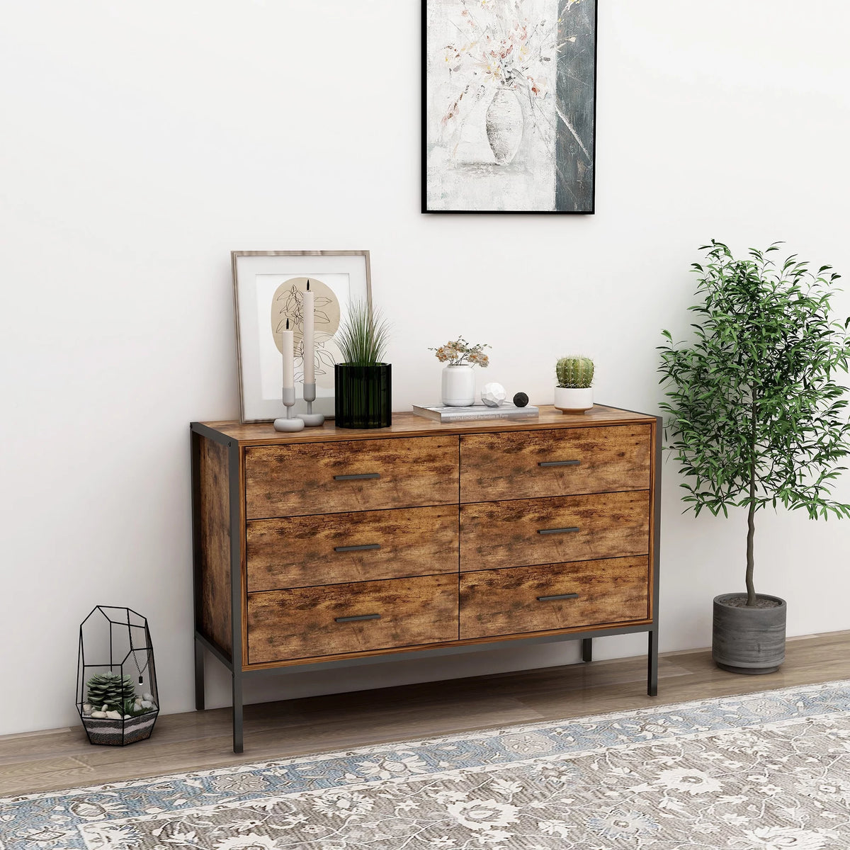 Rustic Brown 6 Drawer Wood Dresser Q407