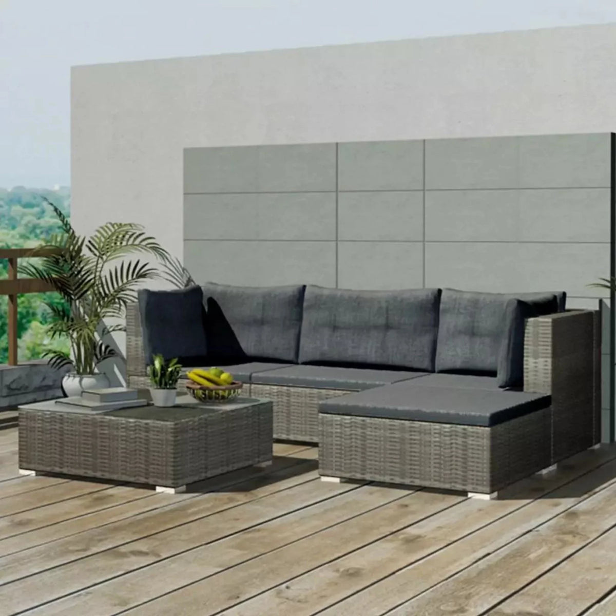 5 Piece Gray Poly Rattan Sectional Sofa Set with Tea Table Y59062
