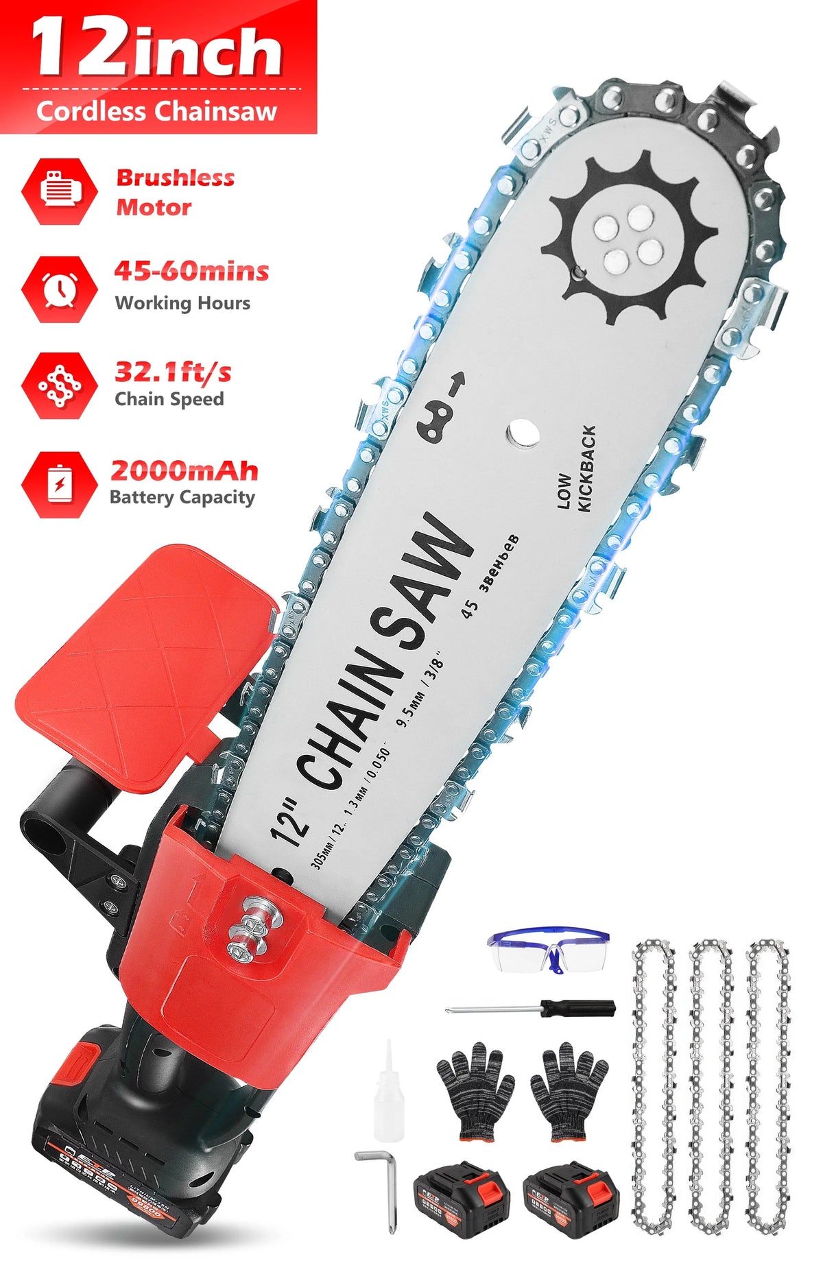 12 Cordless Electric Chainsaw with 2pcs 2000Ah Battery T4234