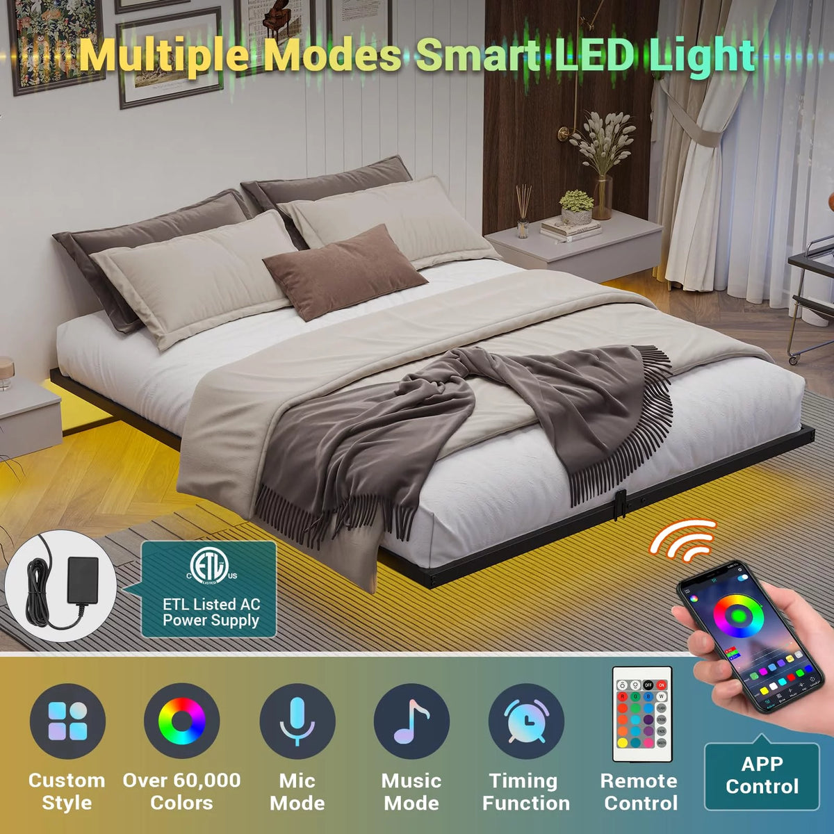 Queen Metal Platform Bed Frame with LED Lights X115887