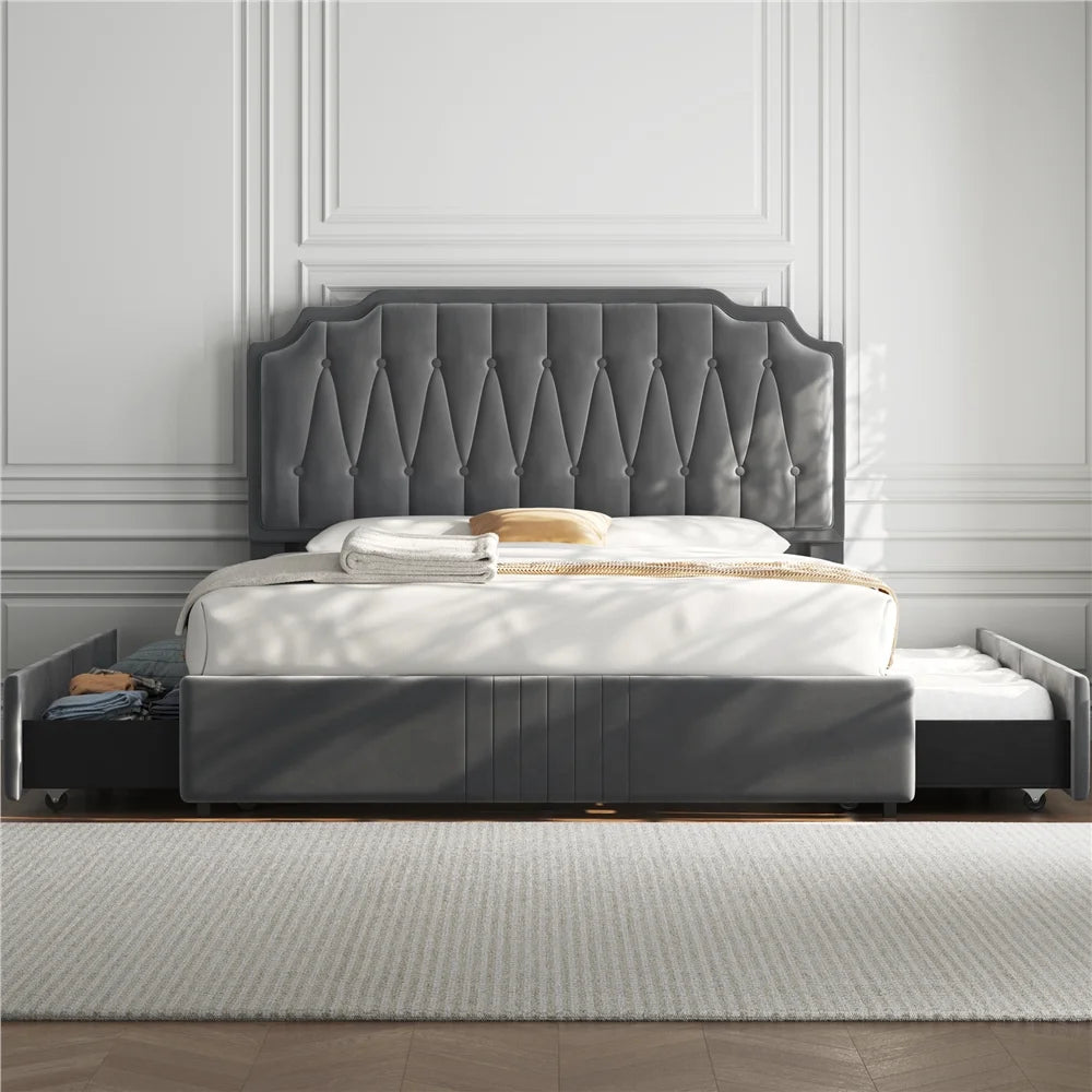 Queen Upholstered Bed with 4 Storage Drawers E442