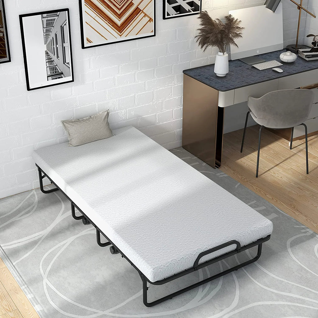 Folding Rollaway Bed with 4” Mattress Twin Size Memory Foam Metal Frame D221760