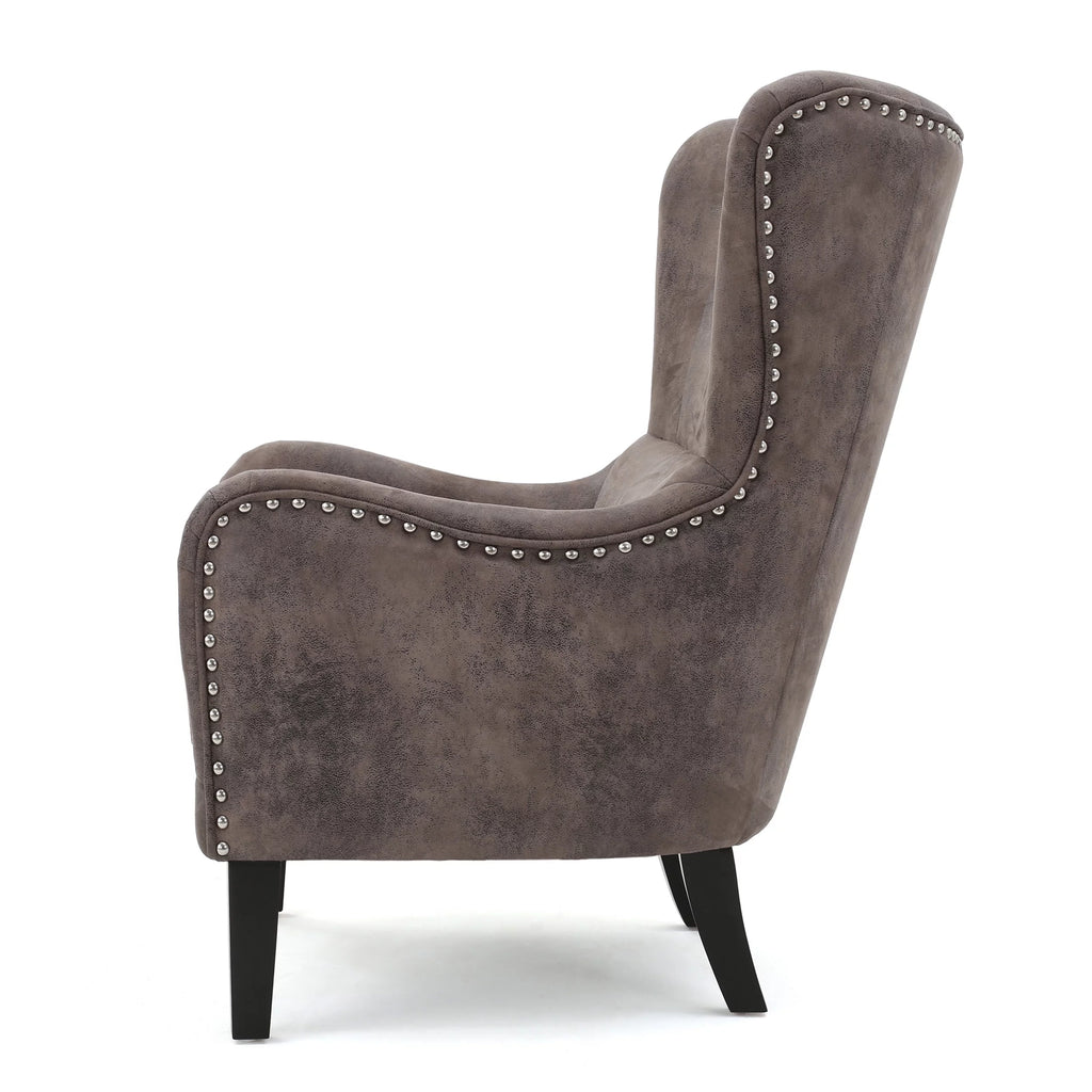 Gray Brown Microfiber Wingback Club Chair with Nailhead Trim J144