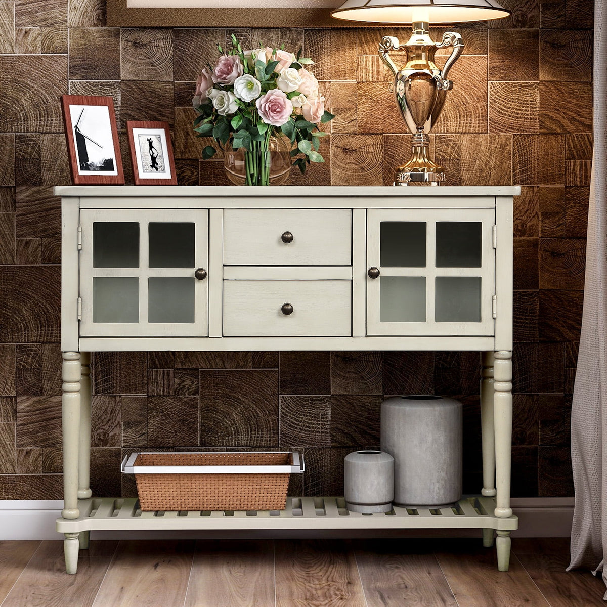 Wood and Glass Buffet Storage Cabinet with Bottom Shelf L7290