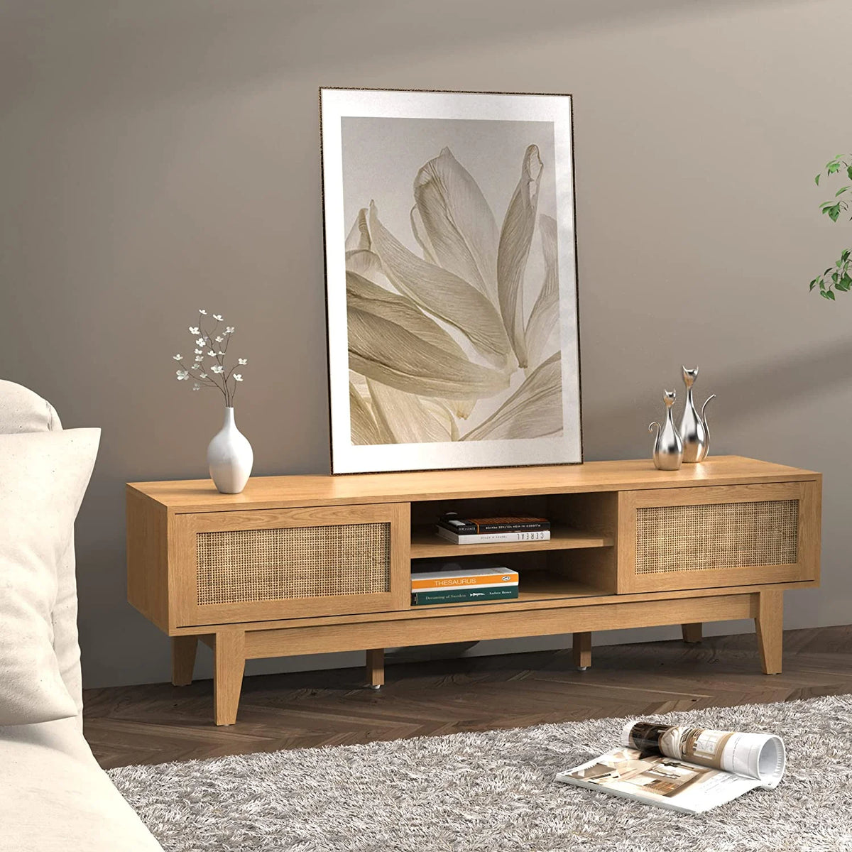 TV Stand with Rattan Sliding Doors for TVs up to 65 Inches I1332