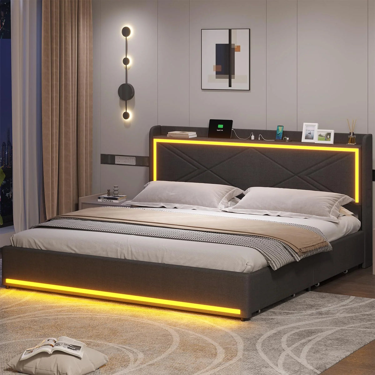 King Size Faux Leather Upholstered Platform Bed Frame with Storage Drawers, LED Lights Headboard, USB-C Charging Station, Black O263