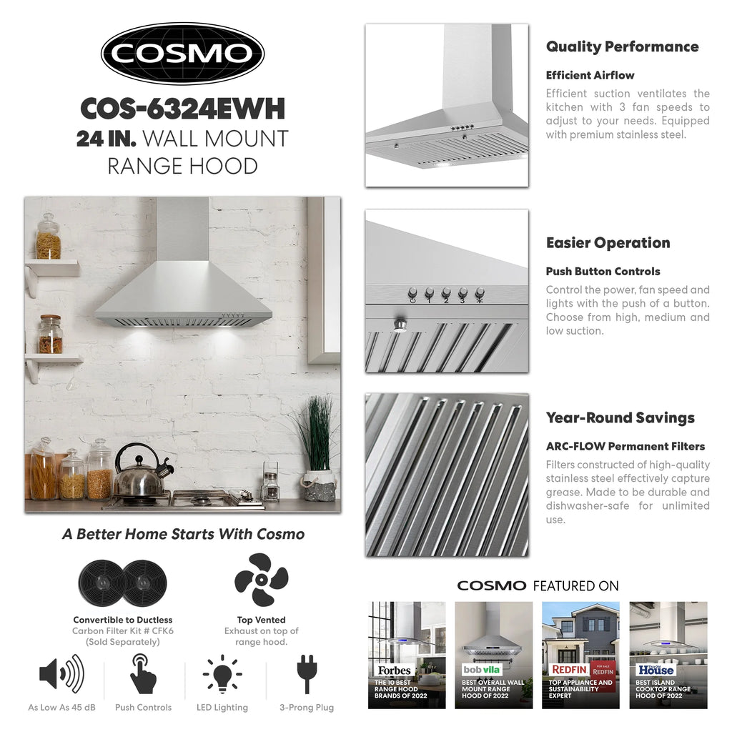 24 in. Ducted Wall Mount Range Hood in Stainless Steel with LED Lighting and Permanent Filters N816102