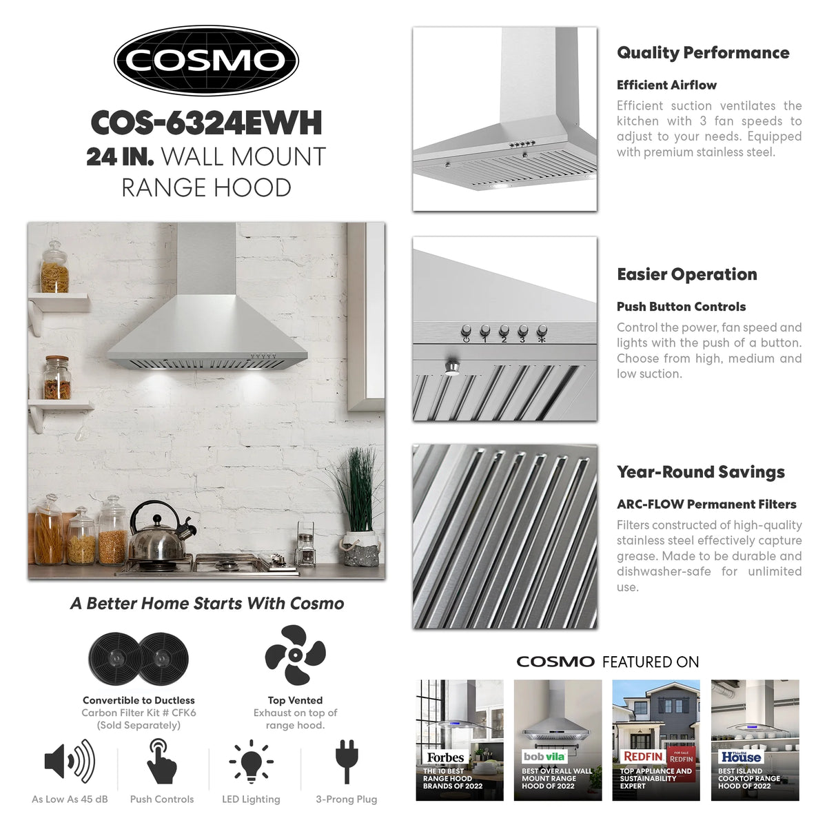 24 in. Ducted Wall Mount Range Hood in Stainless Steel with LED Lighting and Permanent Filters N816102