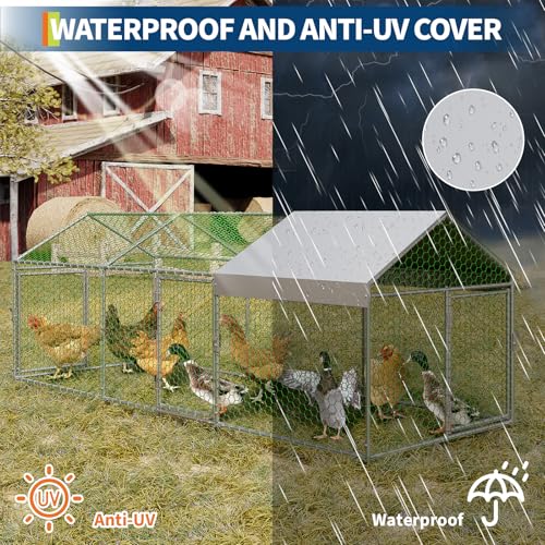 Large Metal Chicken Coop with Waterproof Anti-UV Cover, Silver, 120"×40"×40" I283609