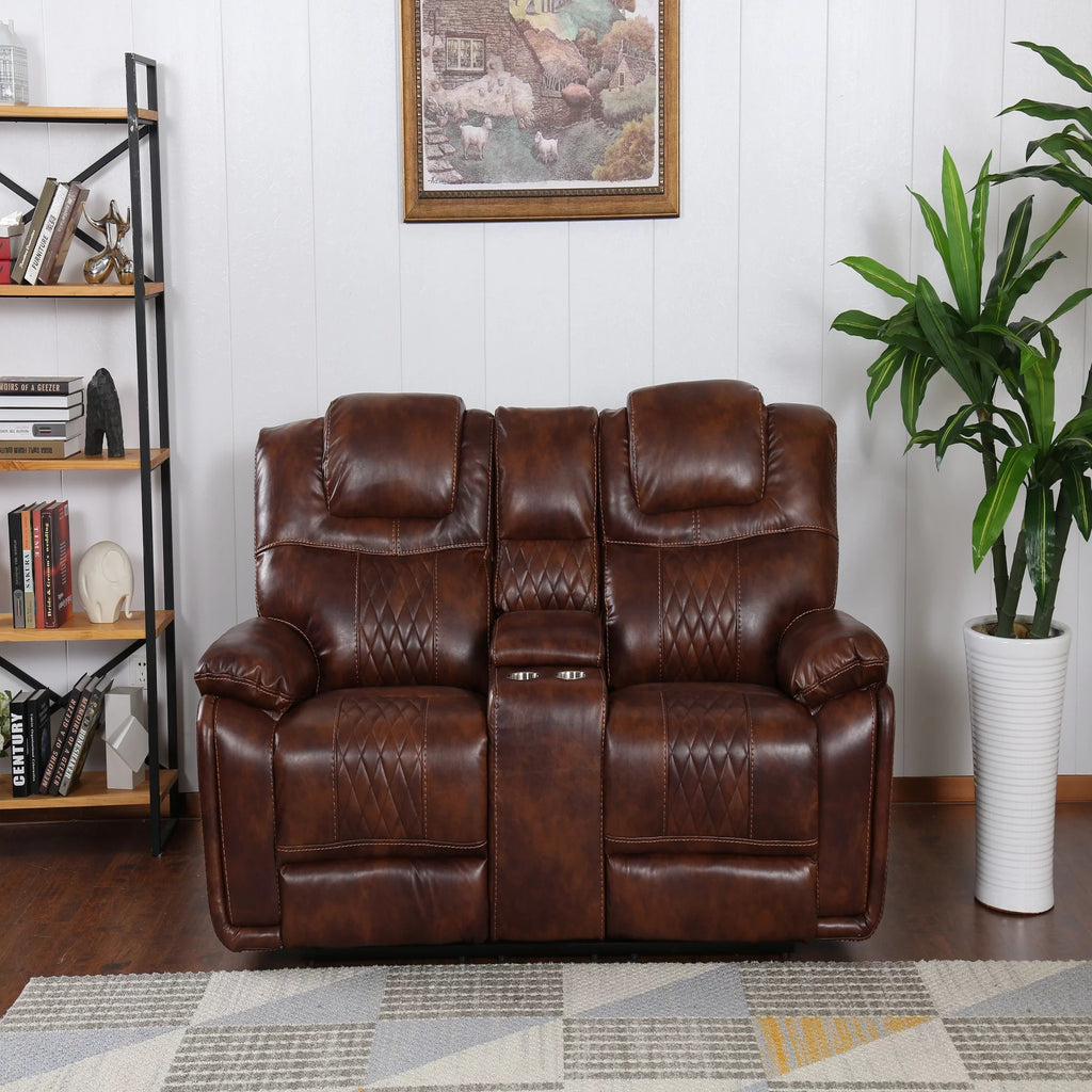 Rich Brown Leather Power Dual Reclining Loveseat with Center Console X301