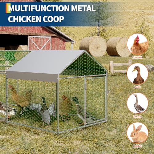 Large Metal Chicken Coop with Waterproof Anti-UV Cover, Silver, 120"×40"×40" I283609