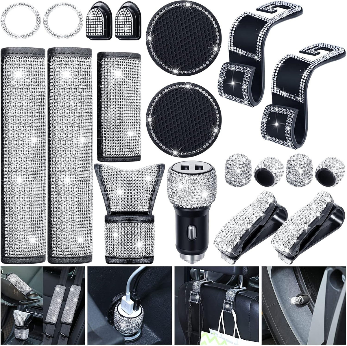 19 Pcs Bling Car Accessories Set (White) W522448