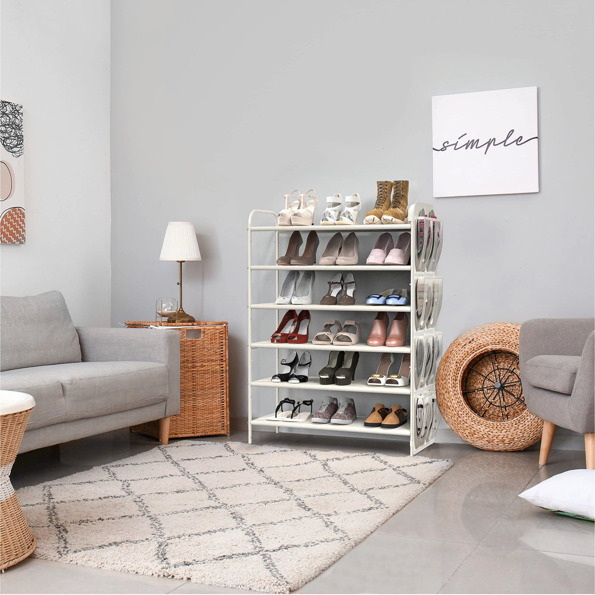 6-Tier Shoe Rack Storage Organizer with Side Hanging Bag, White P607450