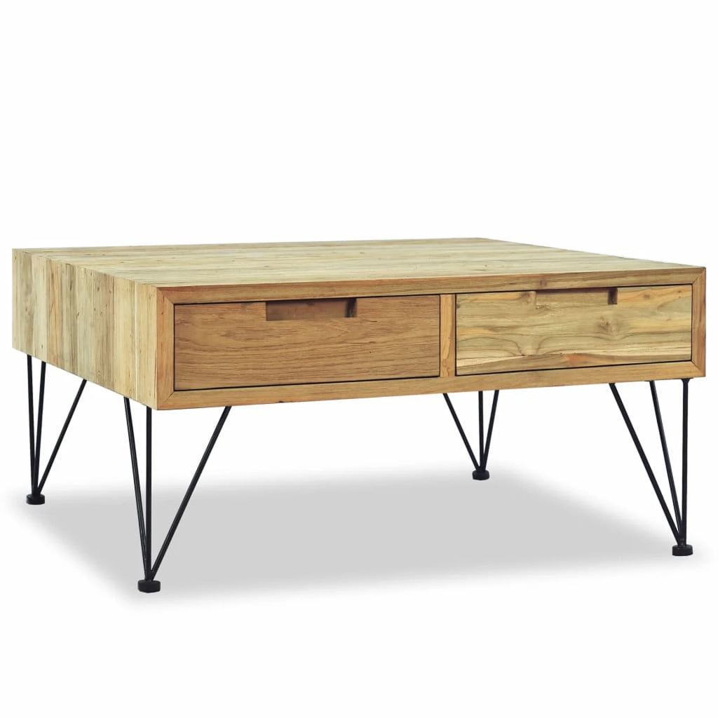 Coffee Table with 2 Storage Drawers Teak Wood Wrought Iron Legs Z172549