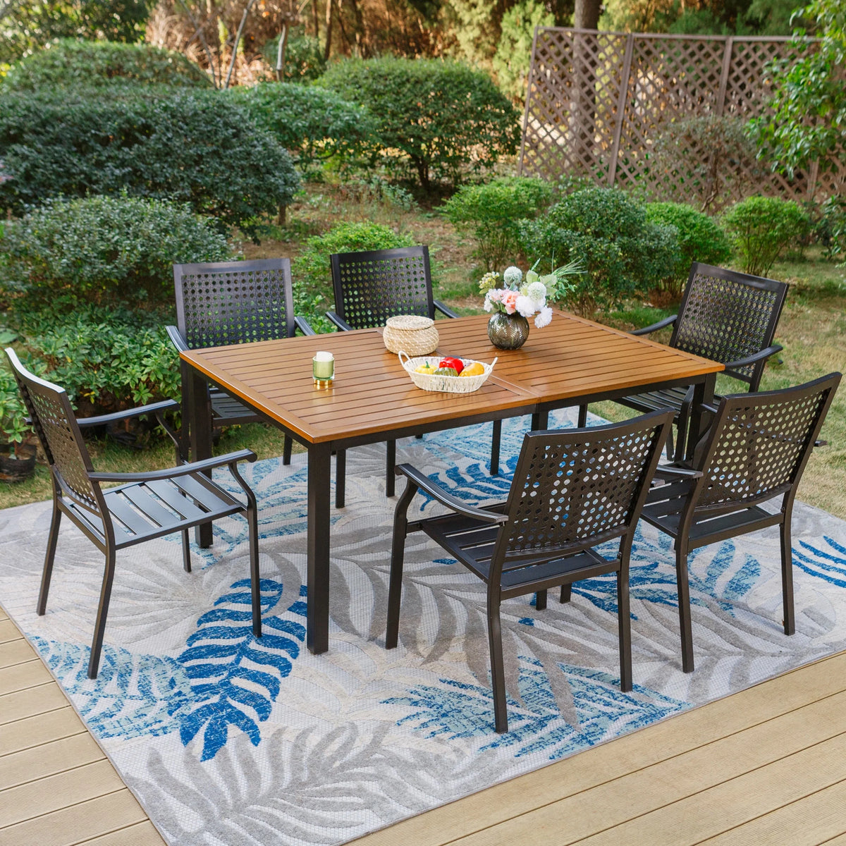 Rectangle Outdoor Dining Table Steel Frame Wood Grain Top L791