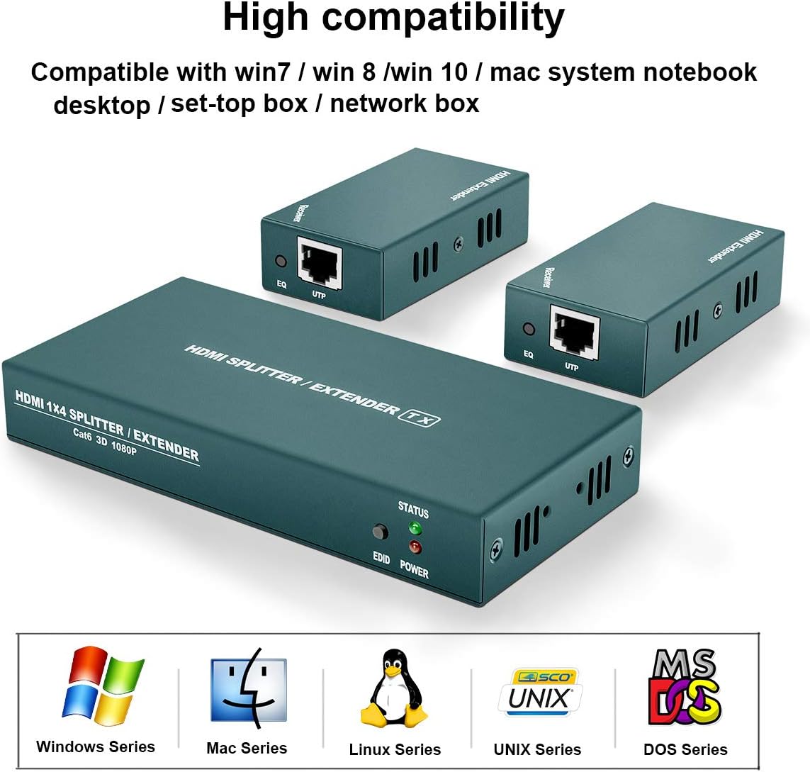 HDMI Extender Splitter 1x2, 1080P@60Hz, 165ft Over CAT5e/CAT6/CAT7 Cable E17818