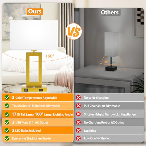 3 Color Temperatures Touch Control Table Lamps Set of 2 with USB Ports V216