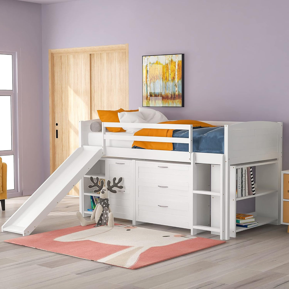 Twin Loft Bed with Slide, Ladder and Guardrail E9584