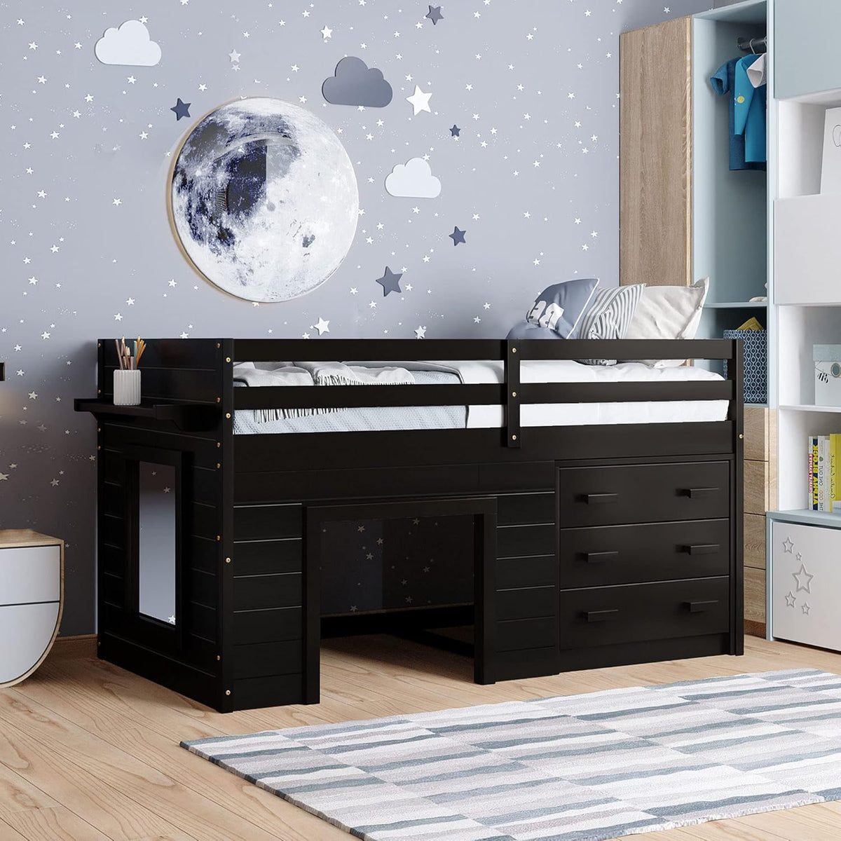 Twin Loft Bed with Slide, Ladder and Guardrail E9584