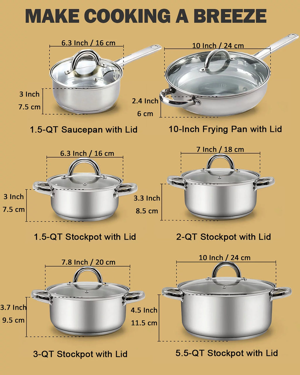 12-Piece Stainless Steel Cookware Set with Silicone Handles M4075