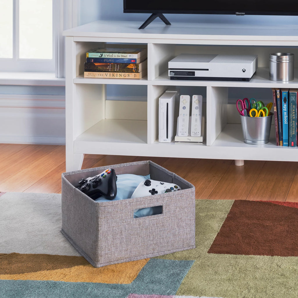 Creamy White Wooden Media Console with Shelves and Fabric Bins J461758