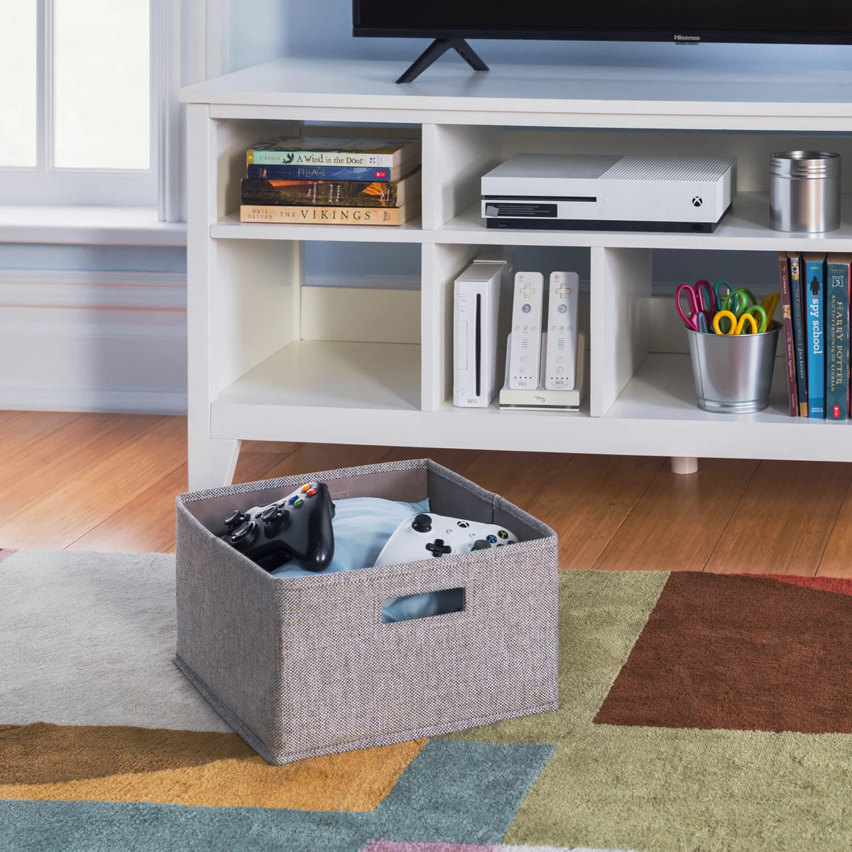 Creamy White Wooden Media Console with Shelves and Fabric Bins J461758