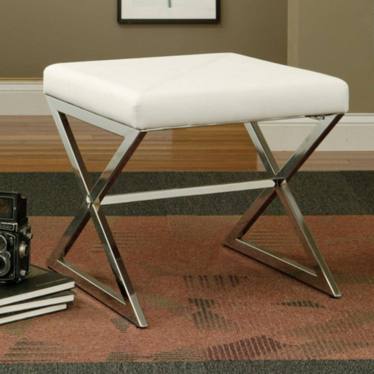 Contemporary Upholstered Stool Metal Base White G150