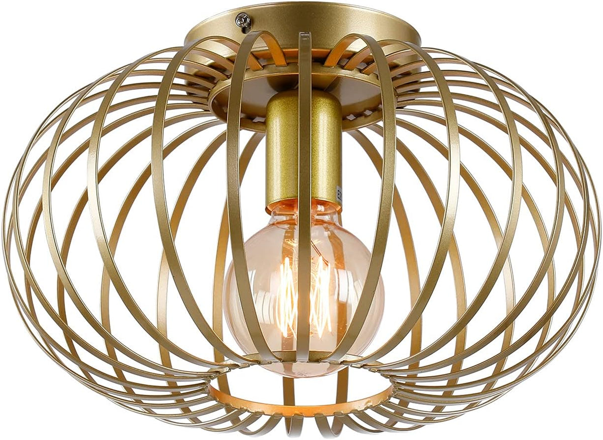 Industrial Semi-Flush Mount Metal Cage Ceiling Light Fixture Gold G783402