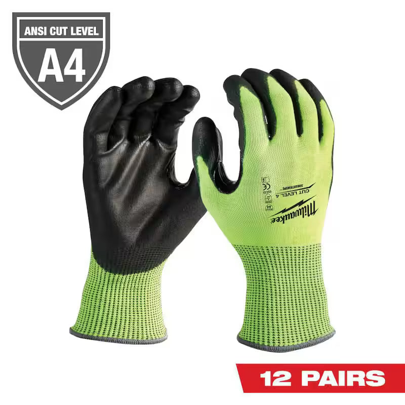 High Visibility Level 4 Cut Resistant Polyurethane Dipped Work Gloves 12-Pack E4598