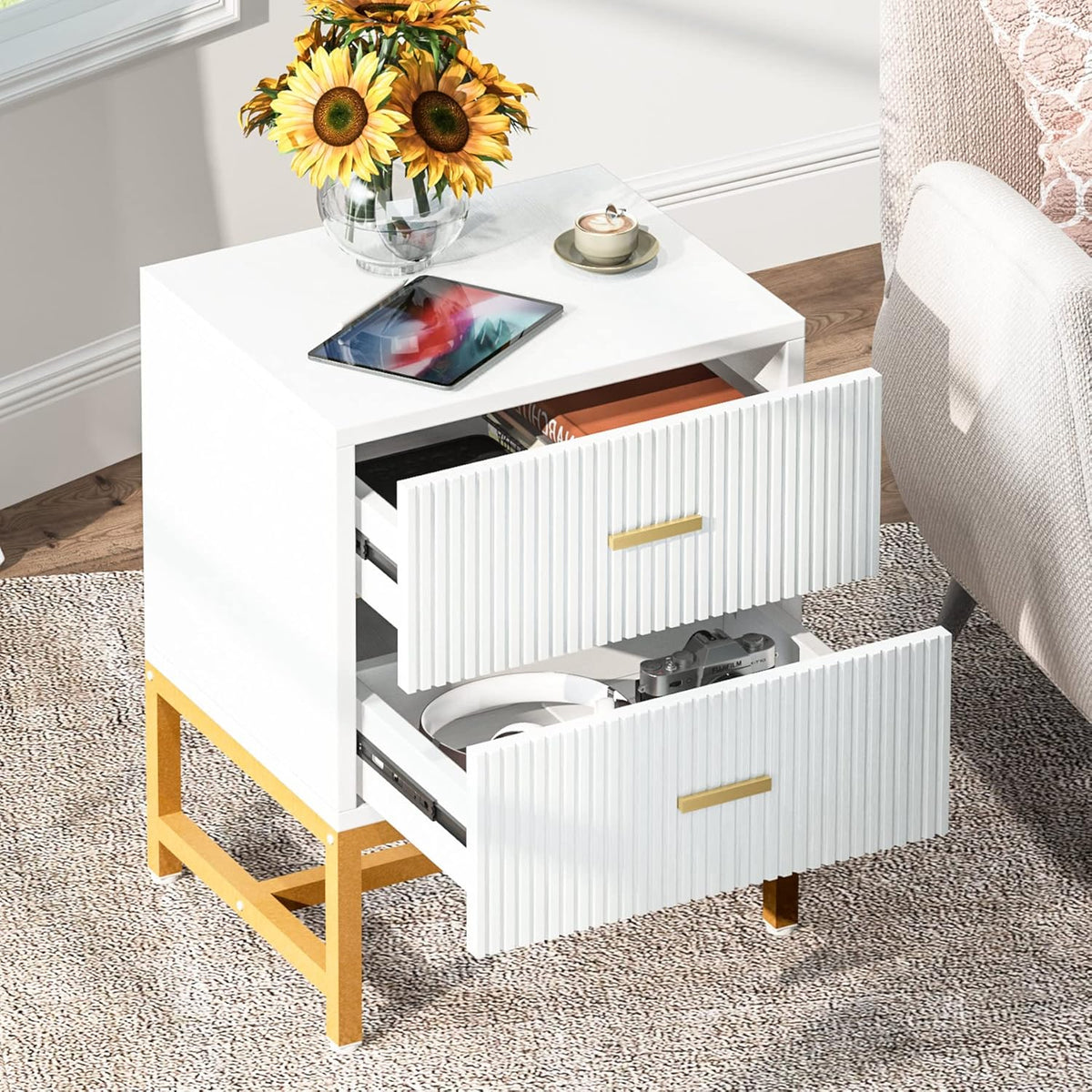 White 2-Drawer Nightstand with Storage Cabinet Q40652