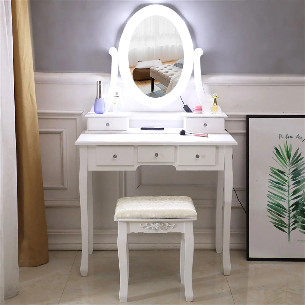 White Vanity Table Set with Lighted Mirror and Stool V38686