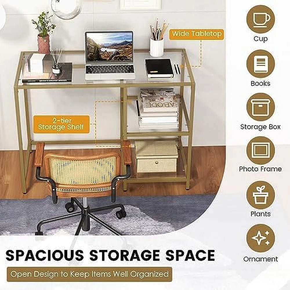 Tempered Glass Computer Desk with 2-Tier Shelves Gold S2698