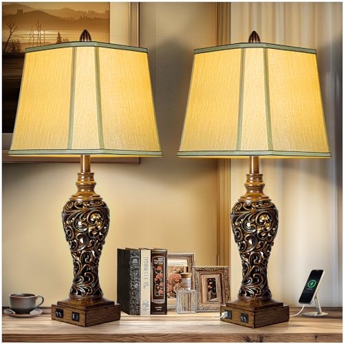 Vintage Brown Table Lamps Set of 2 with Faux Silk Shades F506