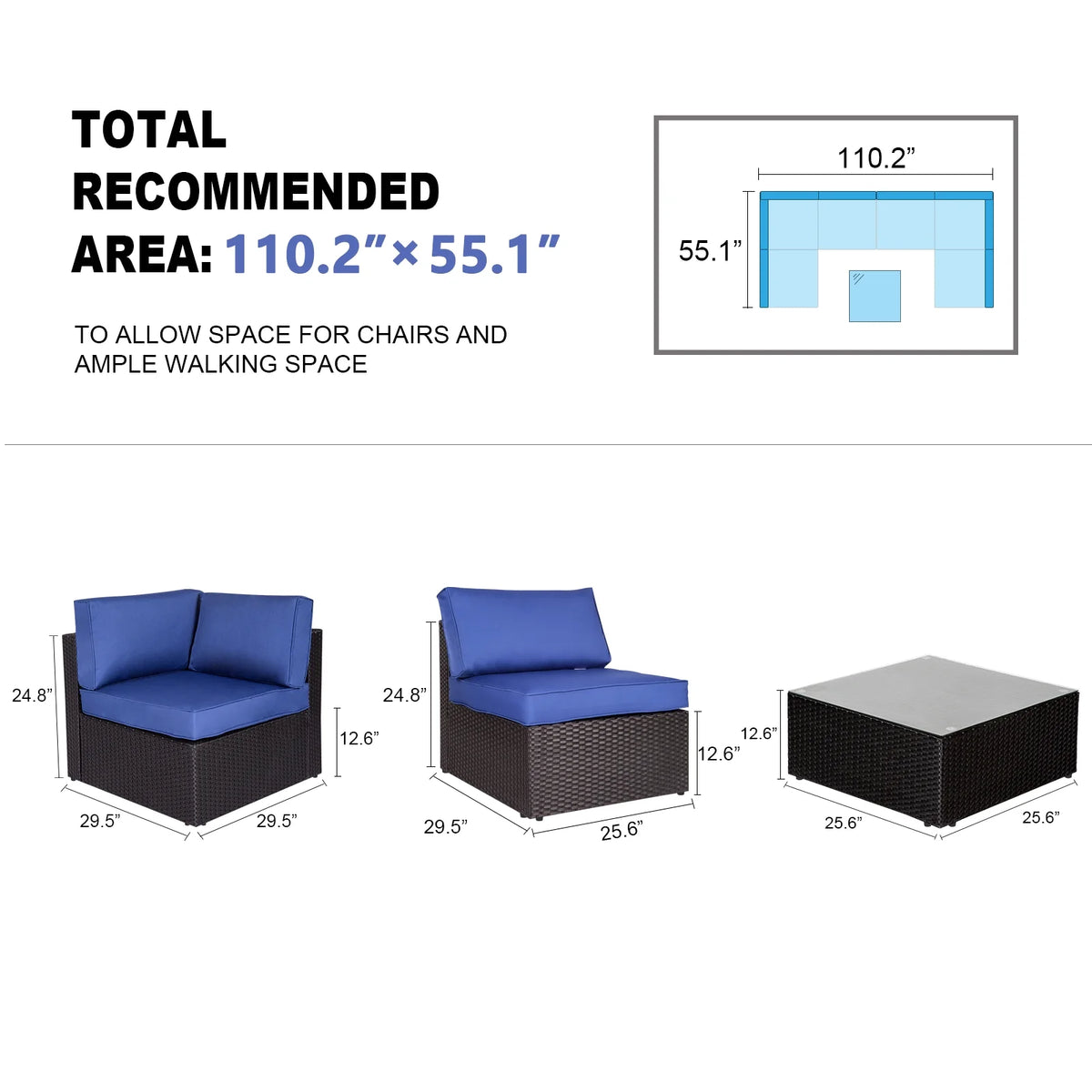 7 Pc Outdoor Rattan Wicker Sectional Sofa Set with Dark Blue Cushions O815636