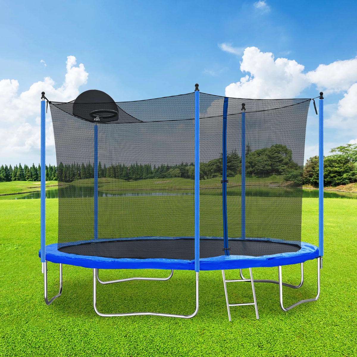 12 FT Trampoline with Safety Enclosure Net, Basketball Hoop and Ladder R274