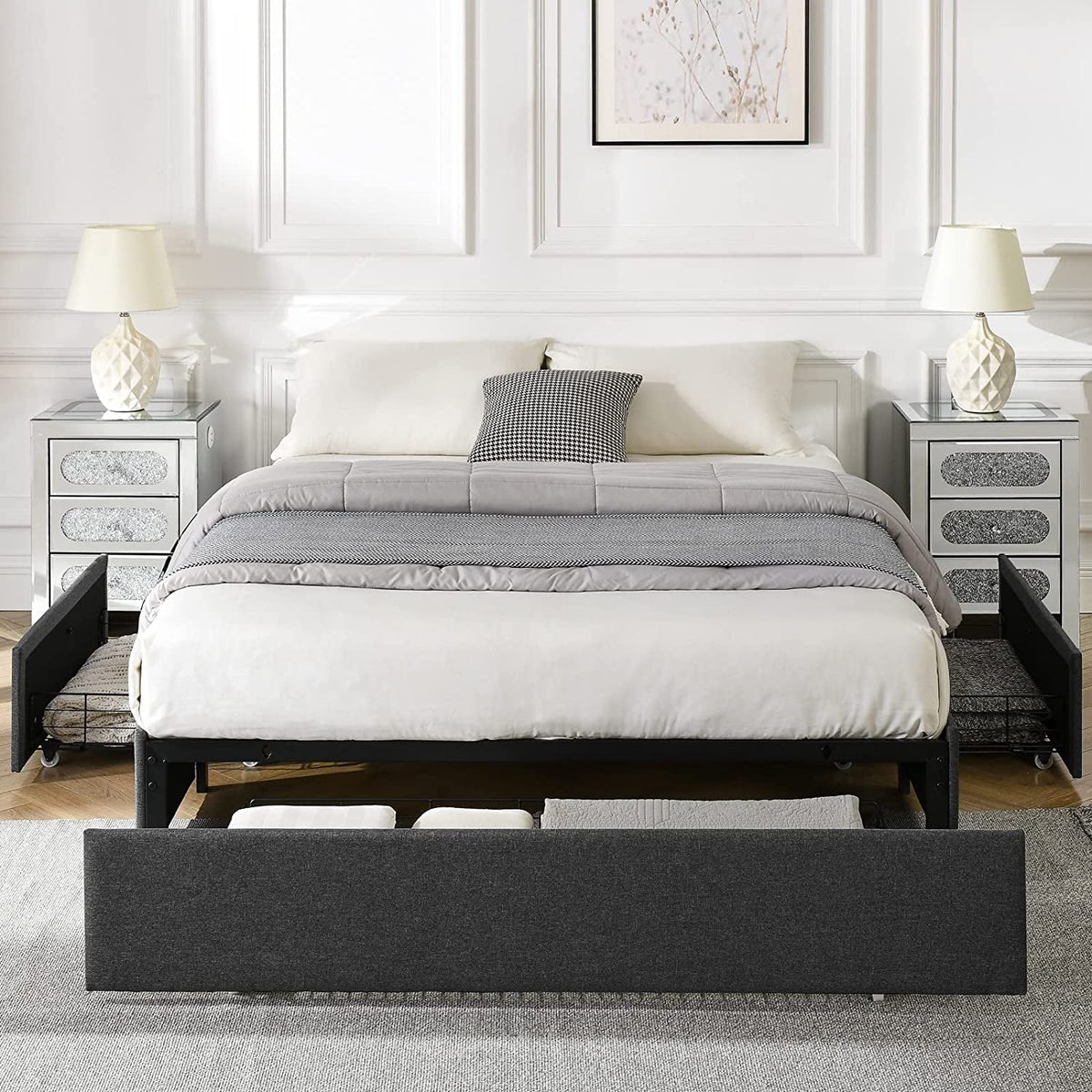 Full Size Upholstered Platform Bed Frame with 3 Storage Drawers Y91346