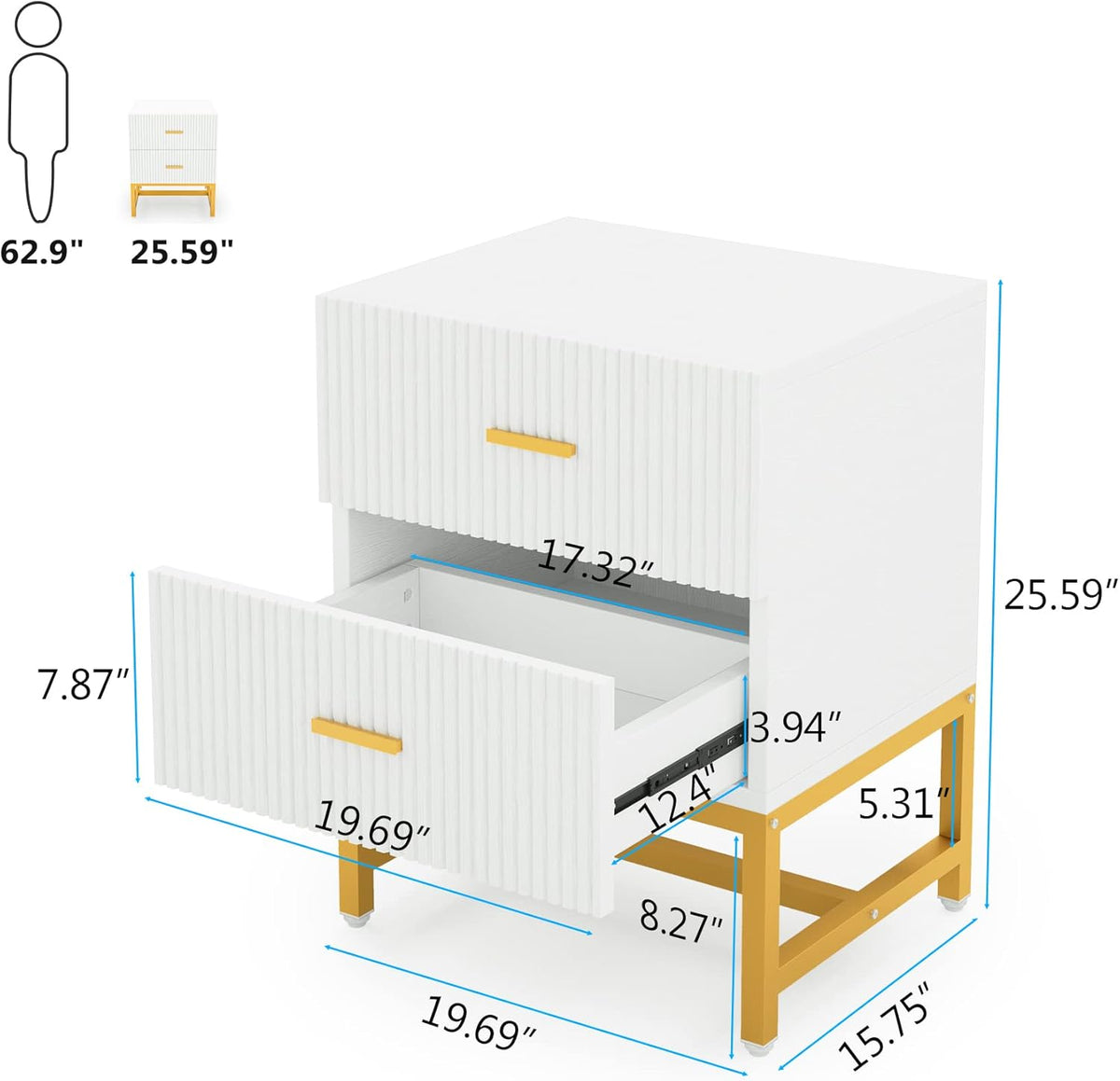 White 2-Drawer Nightstand with Storage Cabinet Q40652