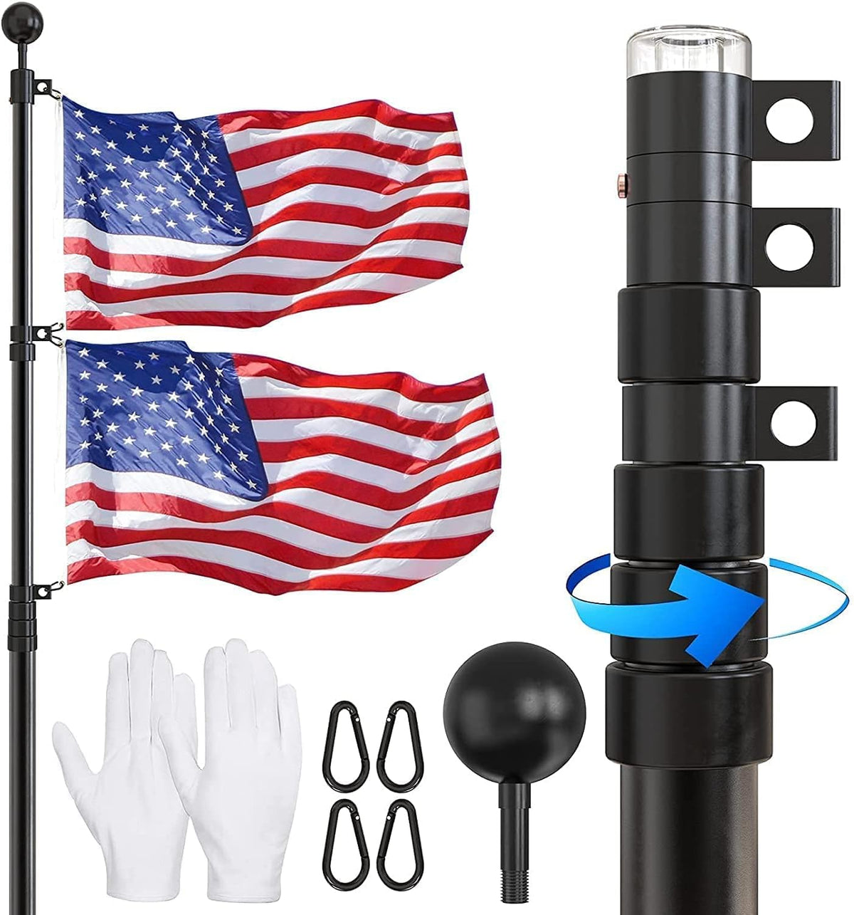 25 FT Heavy Duty Telescopic Flag Pole Kit Black E682