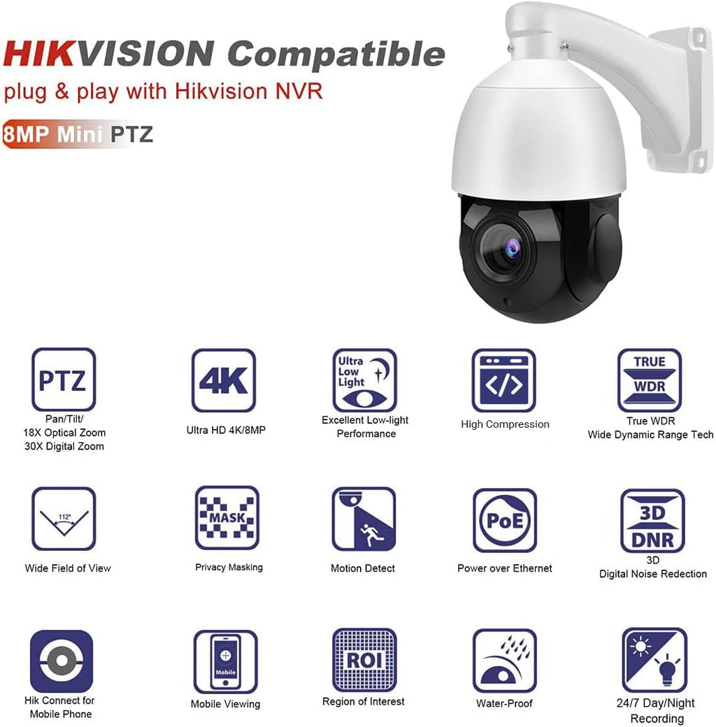 8MP PTZ PoE IP Camera 18x Optical Zoom 165ft IR Night Vision IP66 Z366