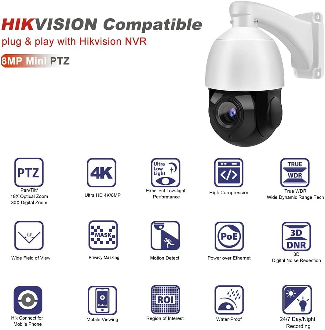 8MP PTZ PoE IP Camera 18x Optical Zoom 165ft IR Night Vision IP66 Z366