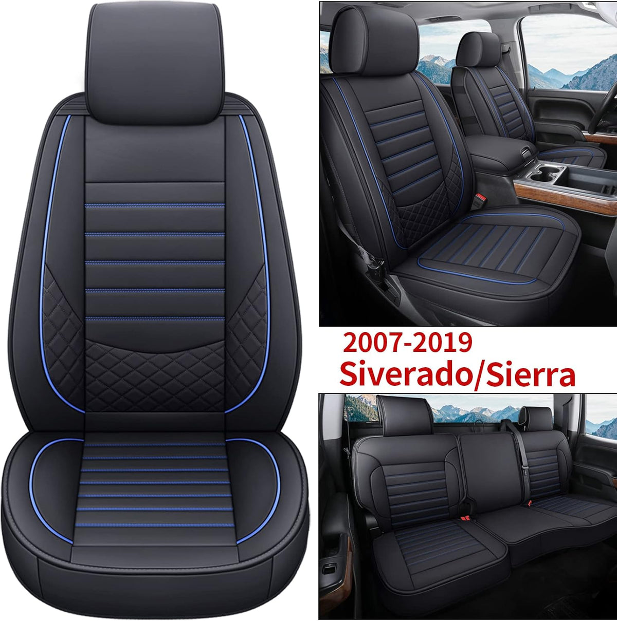 Black/Blue Leather Car Seat Covers Full Set U82573