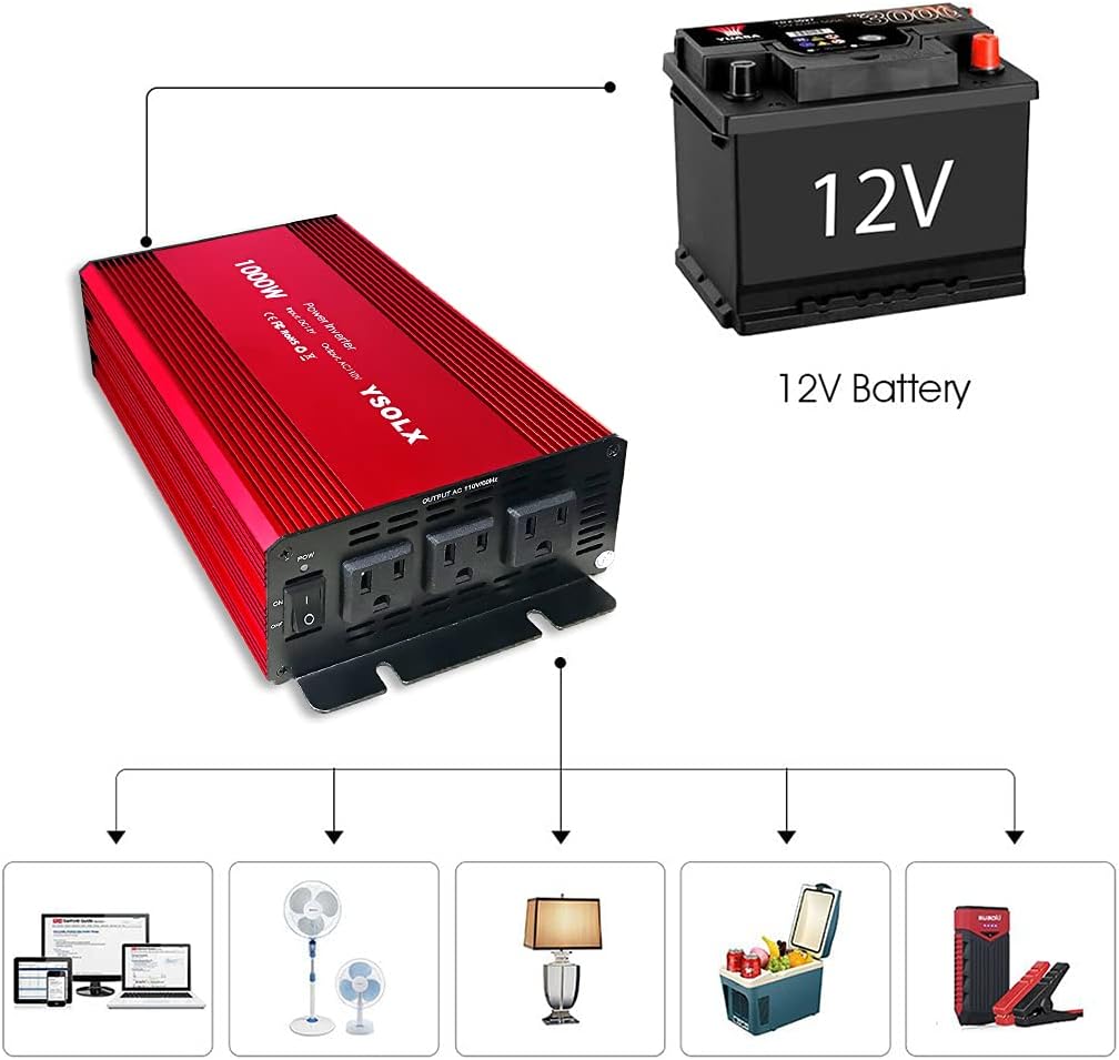 1000 Watt 12V to 110V Power Inverter with 3 AC Outlets A8579