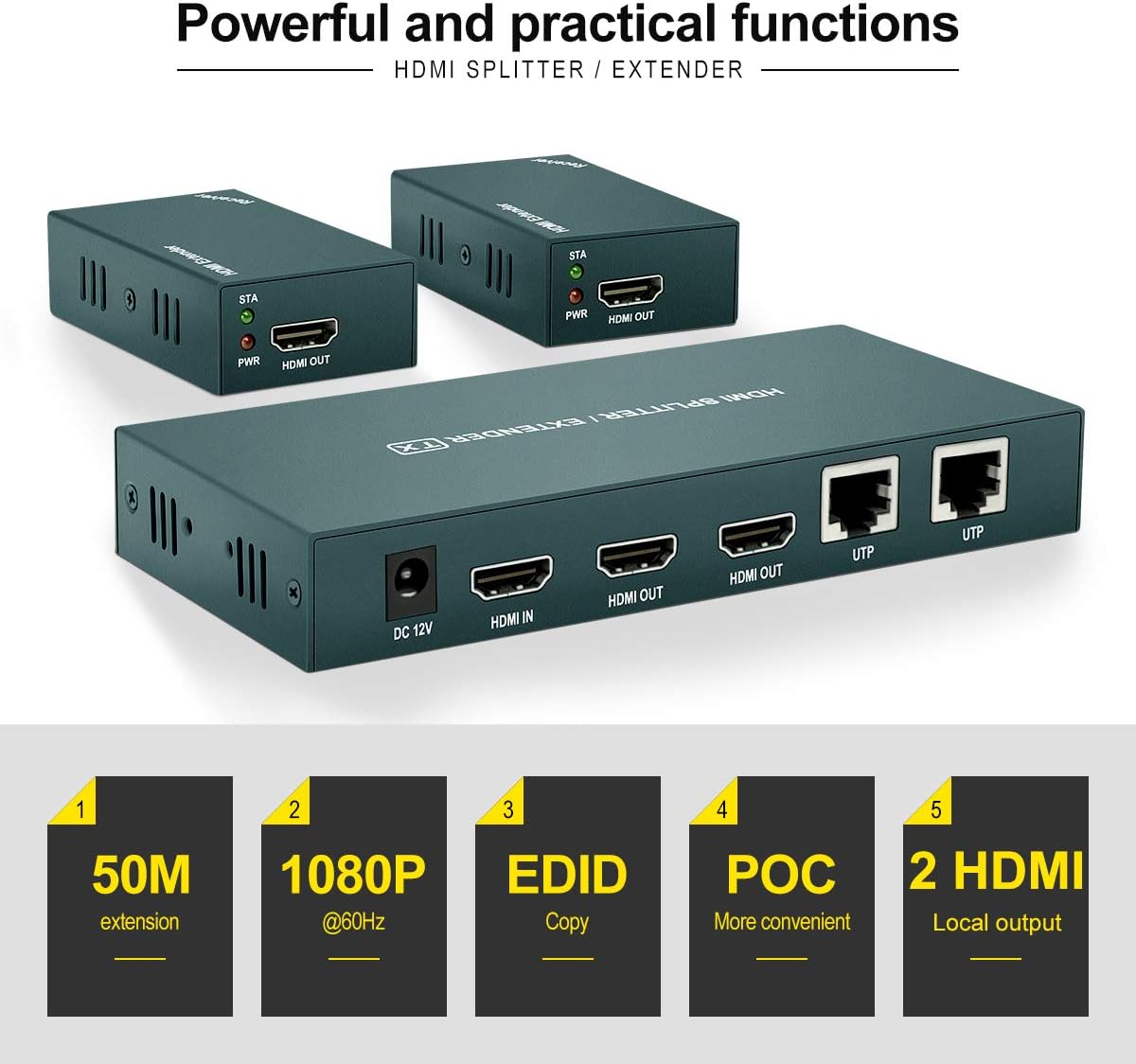 HDMI Extender Splitter 1x2, 1080P@60Hz, 165ft Over CAT5e/CAT6/CAT7 Cable E17818