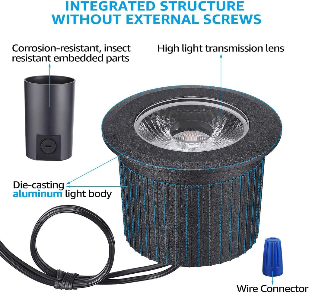 12-Pack 7W LED Well Light, Low Voltage Landscape Lights, IP67 Waterproof, 3000K Warm White, Black P9039